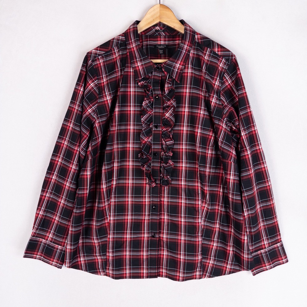 Talbots Shirt Womens 22WP Red Black Plaid Button Up Ruffles Stretch Long Sleeve